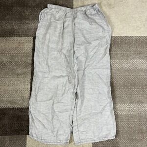 FLAX Womens 100% Linen Pants Large Gray White Striped Elastic Waist Lithuanian